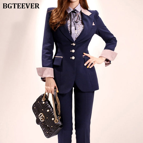 Stylish Patchwork Women Pant Suit Office Ladies Single-breasted Slim Women Blazer Suit Set Female Workwear Trouser Suit 2019