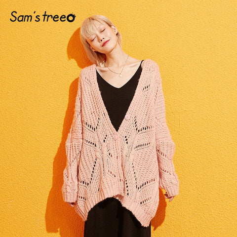 Samstree Solid Hollow Out Minimalist Style Cardigan Sweater Women 2019 Autumn Full Sleeve Knitted Casual Office Ladies Sweaters