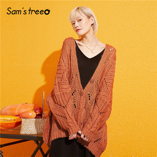 Samstree Solid Hollow Out Minimalist Style Cardigan Sweater Women 2019 Autumn Full Sleeve Knitted Casual Office Ladies Sweaters