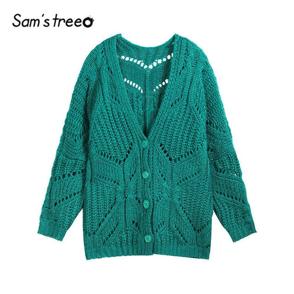 Samstree Solid Hollow Out Minimalist Style Cardigan Sweater Women 2019 Autumn Full Sleeve Knitted Casual Office Ladies Sweaters