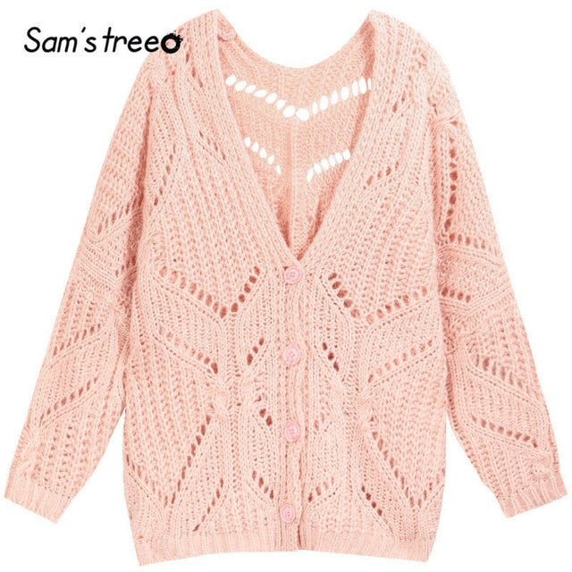 Samstree Solid Hollow Out Minimalist Style Cardigan Sweater Women 2019 Autumn Full Sleeve Knitted Casual Office Ladies Sweaters
