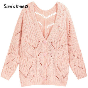 Samstree Solid Hollow Out Minimalist Style Cardigan Sweater Women 2019 Autumn Full Sleeve Knitted Casual Office Ladies Sweaters