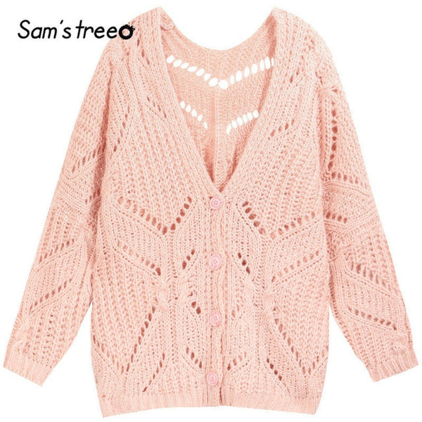 Samstree Solid Hollow Out Minimalist Style Cardigan Sweater Women 2019 Autumn Full Sleeve Knitted Casual Office Ladies Sweaters