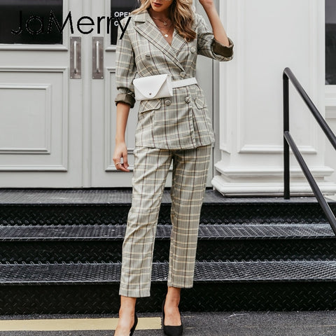 JaMerry Vintage plaid double breasted women blazer suit set Long sleeve office lady pant suits Casual streetwear trouser suit