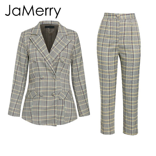 JaMerry Vintage plaid double breasted women blazer suit set Long sleeve office lady pant suits Casual streetwear trouser suit