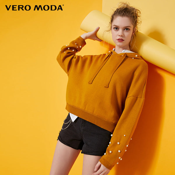 Vero Moda Women's Decorative Pearl Hoodied Loose Fit Knit | 319133508