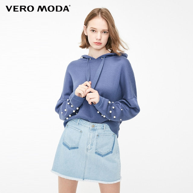 Vero Moda Women's Decorative Pearl Hoodied Loose Fit Knit | 319133508