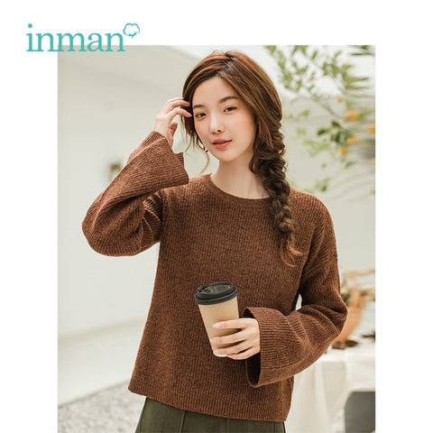 INMAN Winter New Arrival Round Collar Loose Trumpet Sleeves Casual Wild Models Woman Pullover Sweater