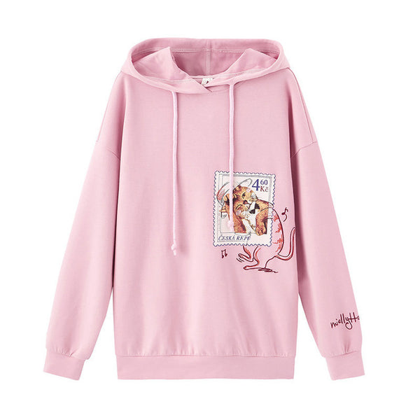 INMAN 2020 Spring New Arriavl Literary Cute Cat Printed Fasion Loose Hoodie