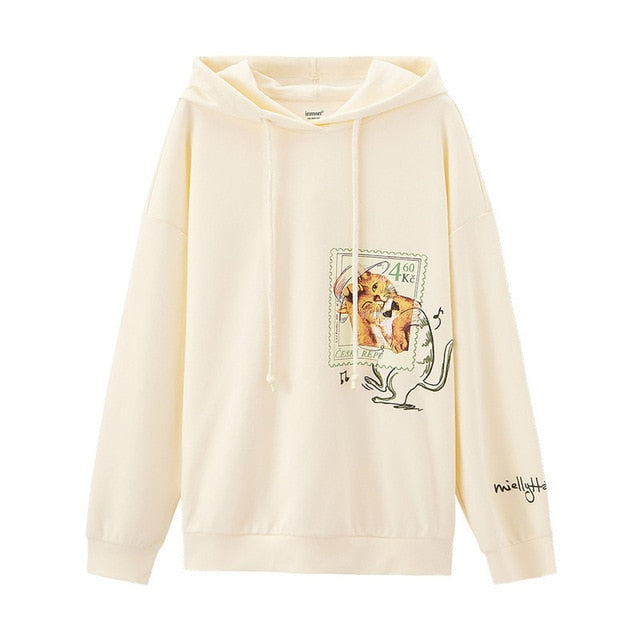 INMAN 2020 Spring New Arriavl Literary Cute Cat Printed Fasion Loose Hoodie