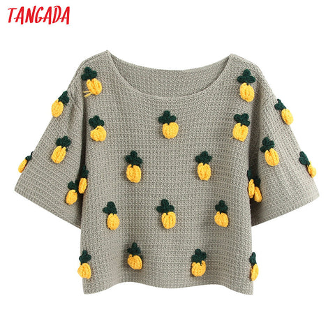 Tangada korea chic women pineapple pattern oversize short sweater vintage ladies knitted jumper tops BE228