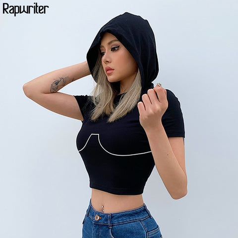 Rapwriter Streetwear Panelled Striped Slim Crop Hoodie Women 2020 Casual Pullover Short Sleeve Elastic Sweatshirt Short Tops