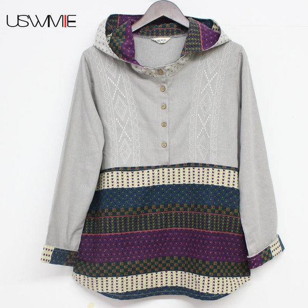 2020 New Women Fleece Fashion Casual National Style Long Sleeve Color Matching Pockets With Hood Outwear Plus Size Women Hoodie