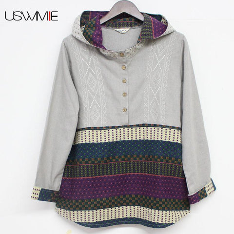 2020 New Women Fleece Fashion Casual National Style Long Sleeve Color Matching Pockets With Hood Outwear Plus Size Women Hoodie