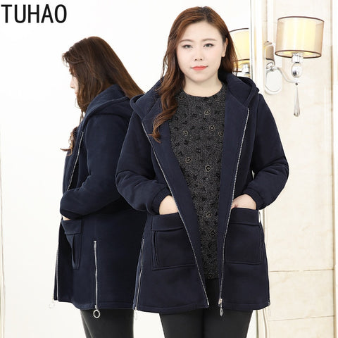 TUHAO 10XL Windbreaker  Women Autumn Winter Sweatshirt Hoodies Long Zipper NAVY Hooded Jacket Coat Outwear Plus Size WM07