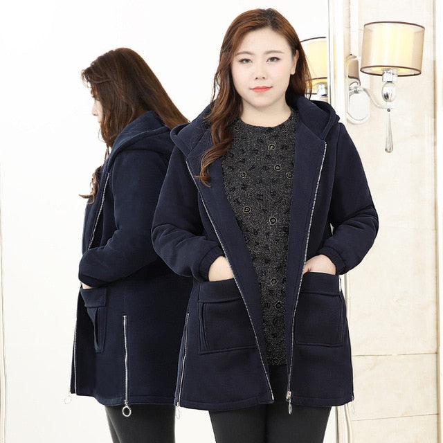 TUHAO 10XL Windbreaker  Women Autumn Winter Sweatshirt Hoodies Long Zipper NAVY Hooded Jacket Coat Outwear Plus Size WM07