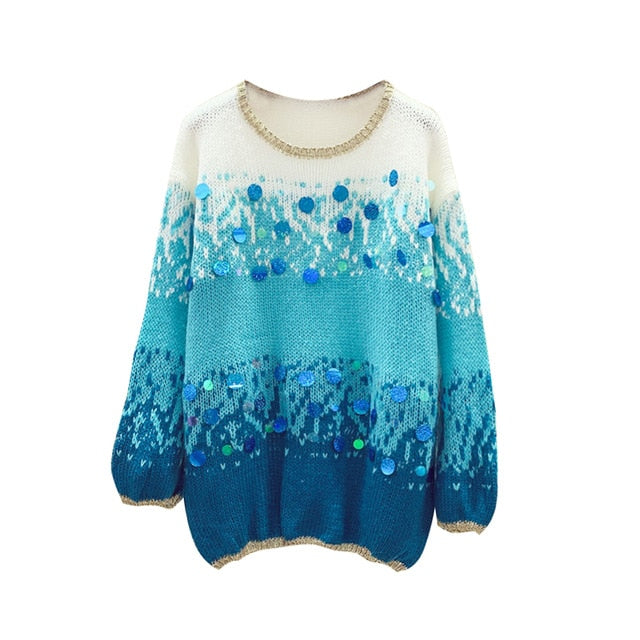 Autumn Winter Long Sweater Girls Lady Streetwear Loose Pollovers Female New Korean Gradually Changing Loose Sweater Sequins Coat