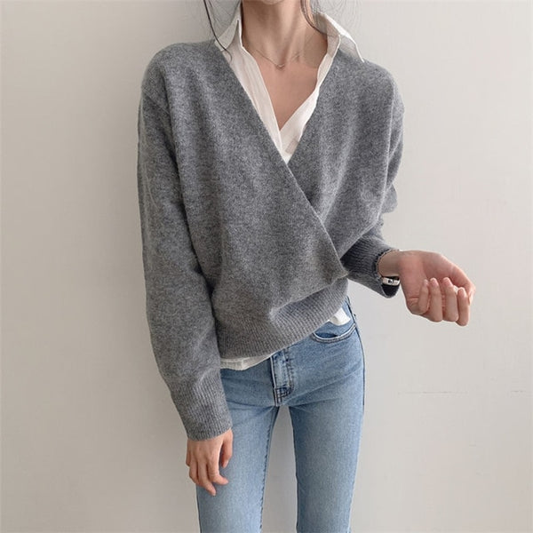 HziriP Hot Loose Elegance Solid All Match Office Lady 2020 Spring V-Neck Gentle Women High Waist Knitted Jumpers Chic Sweaters